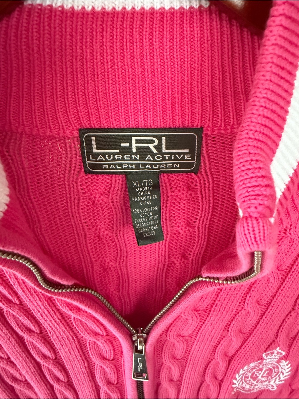 Lauren Ralph Lauren Active XL Hot Pink Cable Knit Full Zip Cotton Sweater - Picture 5 of 7